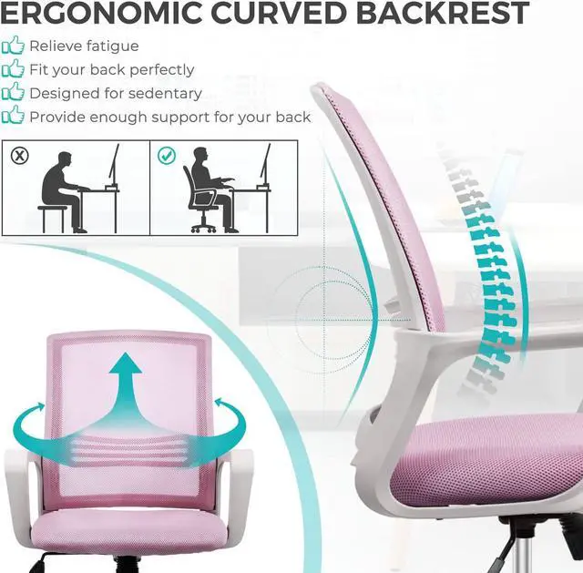 Alt view image 5 of 7 - STAFFPENGUIN Ergonomic Pink Computer, Home Wheels Desk, Mid Back Mesh Office Rolling Swivel Chair with Lumbar Support Armrests