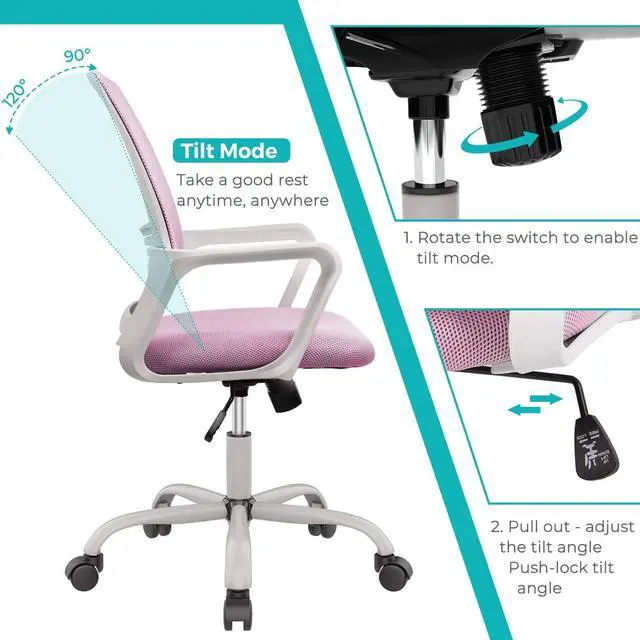 Alt view image 7 of 7 - STAFFPENGUIN Ergonomic Pink Computer, Home Wheels Desk, Mid Back Mesh Office Rolling Swivel Chair with Lumbar Support Armrests