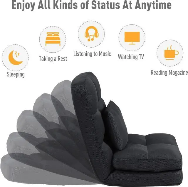 Alt view image 4 of 7 - Floor Chair with Back Support for Adults Adjustable 14 Positions Video Game Chairs Foldable Floor Lounger with Pillow 8823(Black)