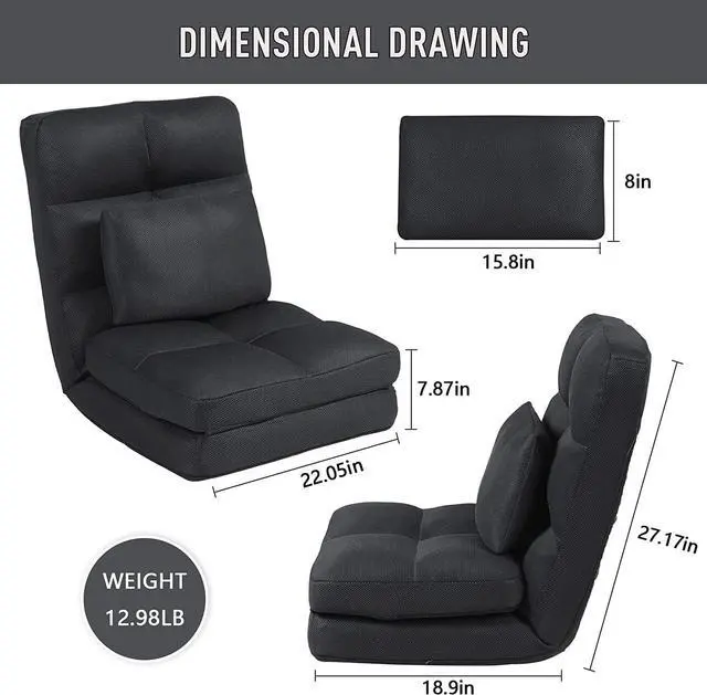 Alt view image 3 of 7 - Floor Chair with Back Support for Adults Adjustable 14 Positions Video Game Chairs Foldable Floor Lounger with Pillow 8823(Black)