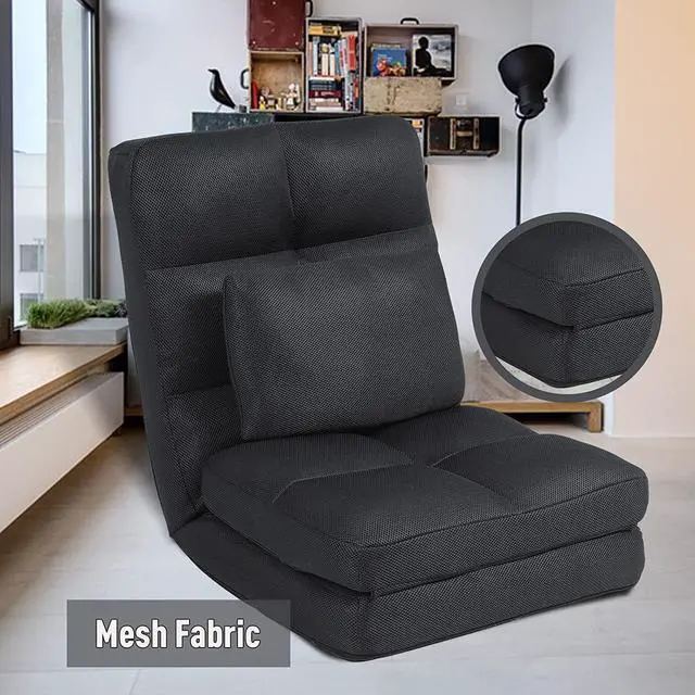 Alt view image 6 of 7 - Floor Chair with Back Support for Adults Adjustable 14 Positions Video Game Chairs Foldable Floor Lounger with Pillow 8823(Black)