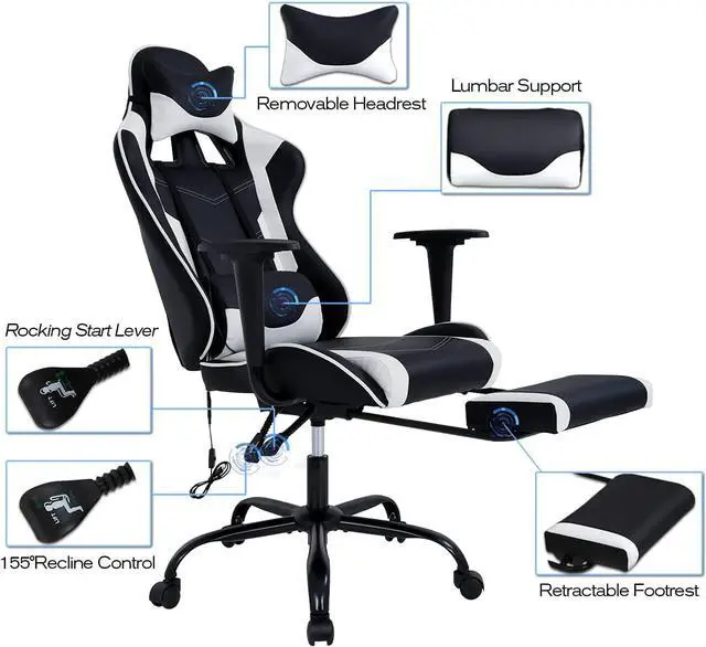 Alt view image 4 of 7 - HCB Gaming Chair, Computer Office Chair, Ergonomic Desk Chair Height Adjustable Recliner Swivel High Back with Lumbar Support, Footrest, Headrest, Racing Style White