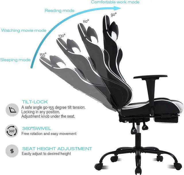Alt view image 5 of 7 - HCB Gaming Chair, Computer Office Chair, Ergonomic Desk Chair Height Adjustable Recliner Swivel High Back with Lumbar Support, Footrest, Headrest, Racing Style White