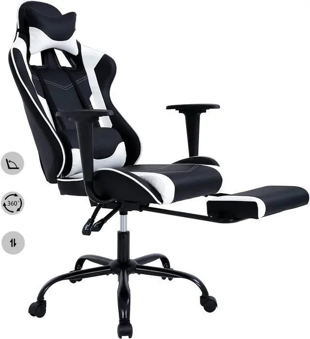 Main image of HCB Gaming Chair, Computer Office Chair, Ergonomic Desk Chair Height Adjustable Recliner Swivel High Back with Lumbar Support, Footrest, Headrest, Racing Style White
