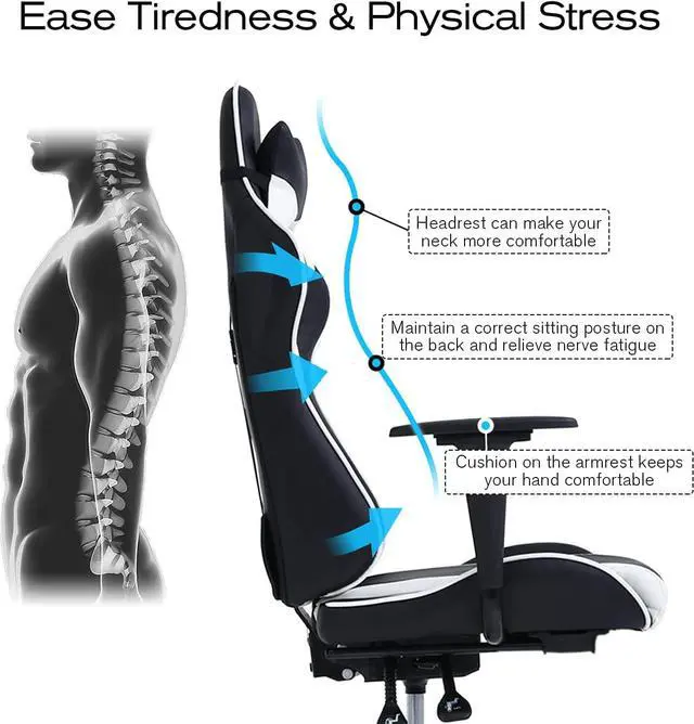 Alt view image 6 of 7 - HCB Gaming Chair, Computer Office Chair, Ergonomic Desk Chair Height Adjustable Recliner Swivel High Back with Lumbar Support, Footrest, Headrest, Racing Style White