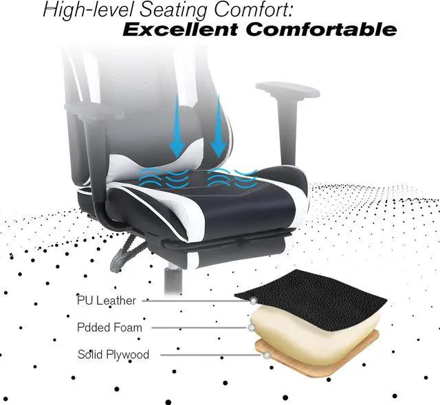 Alt view image 7 of 7 - HCB Gaming Chair, Computer Office Chair, Ergonomic Desk Chair Height Adjustable Recliner Swivel High Back with Lumbar Support, Footrest, Headrest, Racing Style White