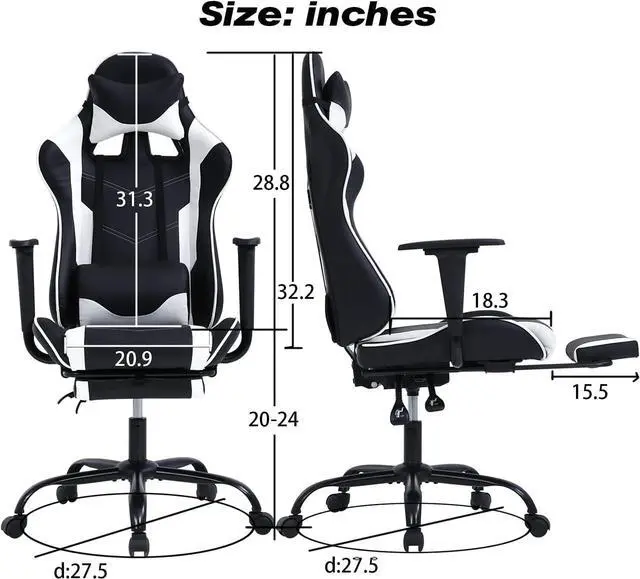 Alt view image 3 of 7 - HCB Gaming Chair, Computer Office Chair, Ergonomic Desk Chair Height Adjustable Recliner Swivel High Back with Lumbar Support, Footrest, Headrest, Racing Style White