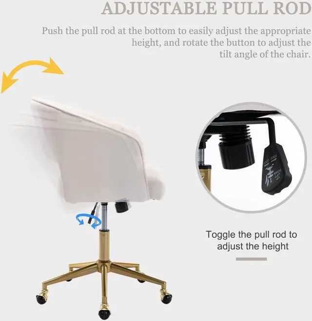 Alt view image 5 of 7 - Velvet Home Office Chair, Modern Swivel Desk Chair with Gold Base, Round Solid Wheel, Adjustable Vanity Chair for Study, Living Room, Bedroom (Beige)
