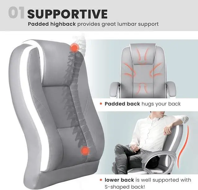 Alt view image 4 of 6 - NEO CHAIR Office Chair Computer Desk Chair Gaming - Ergonomic High Back Cushion Lumbar Support with Wheels Comfortable Grey Leather Racing Seat Adjustable Swivel Rolling Home Executive