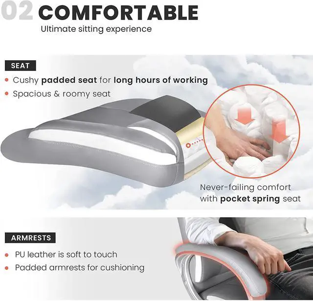 Alt view image 5 of 6 - NEO CHAIR Office Chair Computer Desk Chair Gaming - Ergonomic High Back Cushion Lumbar Support with Wheels Comfortable Grey Leather Racing Seat Adjustable Swivel Rolling Home Executive