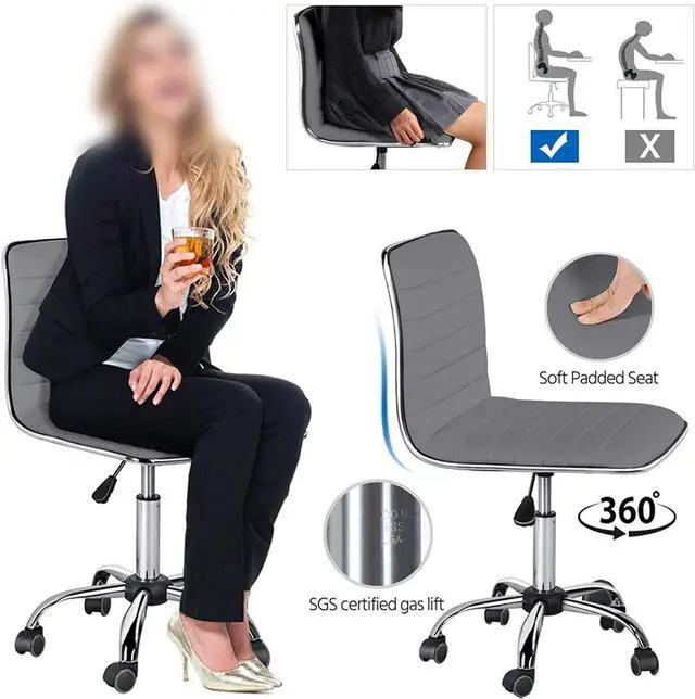 Alt view image 7 of 7 - Yaheetech PU Leather Office Chair Task Chair, Ribbed Armless Desk Chair, Adjustable Low Back Executive Chair with Wheels Grey