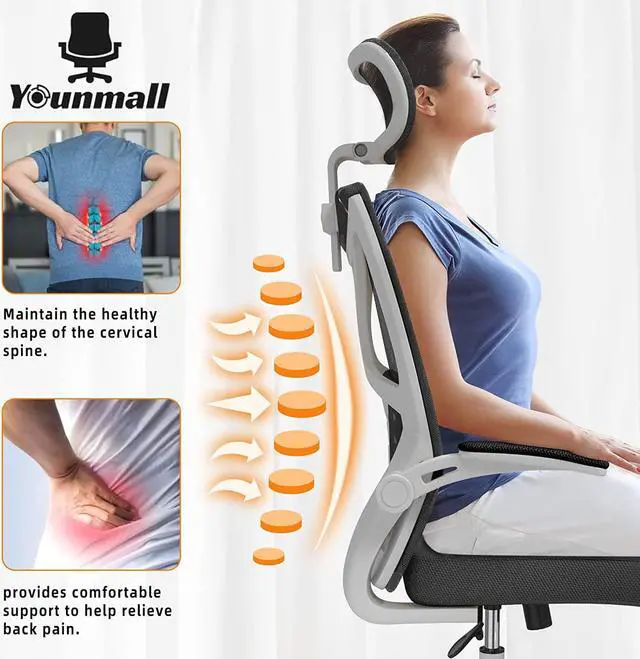 Alt view image 3 of 7 - Ergonomic Office Chair, High Back Desk Chair, Breathable Mesh Desk Chair with Lumbar Support, Adjustable Headrest and Flip-Up Arms, Swivel Task Chair with Adjustable Height (White+Black)