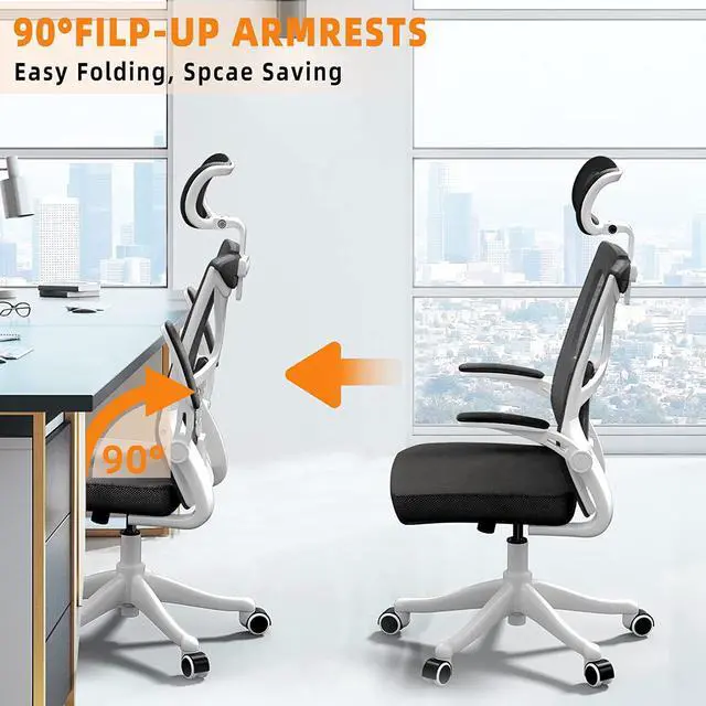 Alt view image 7 of 7 - Ergonomic Office Chair, High Back Desk Chair, Breathable Mesh Desk Chair with Lumbar Support, Adjustable Headrest and Flip-Up Arms, Swivel Task Chair with Adjustable Height (White+Black)