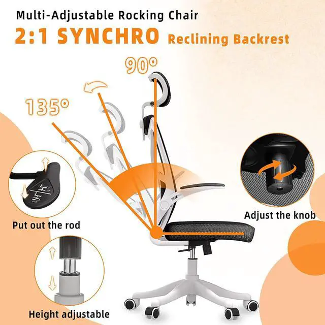 Alt view image 5 of 7 - Ergonomic Office Chair, High Back Desk Chair, Breathable Mesh Desk Chair with Lumbar Support, Adjustable Headrest and Flip-Up Arms, Swivel Task Chair with Adjustable Height (White+Black)