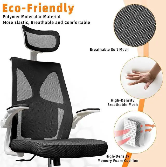 Alt view image 4 of 7 - Ergonomic Office Chair, High Back Desk Chair, Breathable Mesh Desk Chair with Lumbar Support, Adjustable Headrest and Flip-Up Arms, Swivel Task Chair with Adjustable Height (White+Black)