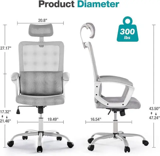 Alt view image 3 of 7 - OLIXIS Home Office Chair Ergonomic Computer Desk Chair Mesh High Back Adjustable Height Executive Task Chair, Headrest, Padded Armrest, 360° Swivel Rocking Function,Grey (JO6579GY)