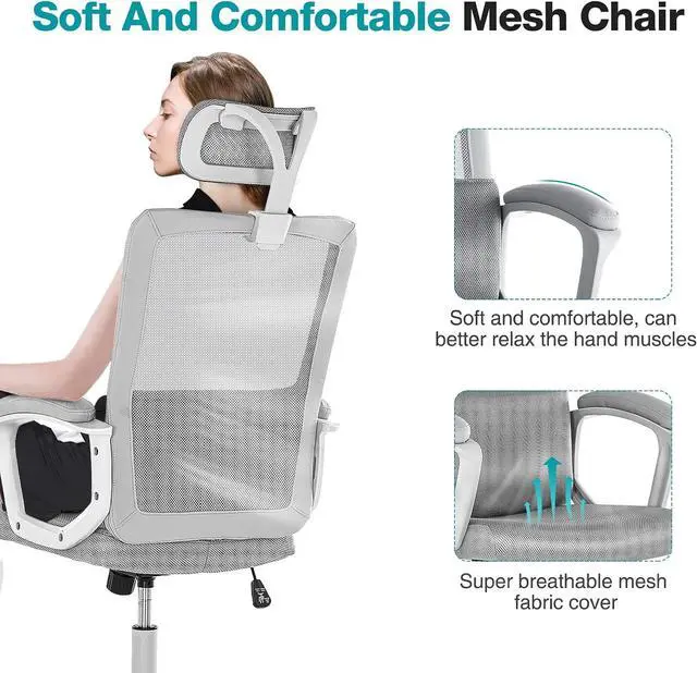 Alt view image 4 of 7 - OLIXIS Home Office Chair Ergonomic Computer Desk Chair Mesh High Back Adjustable Height Executive Task Chair, Headrest, Padded Armrest, 360° Swivel Rocking Function,Grey (JO6579GY)