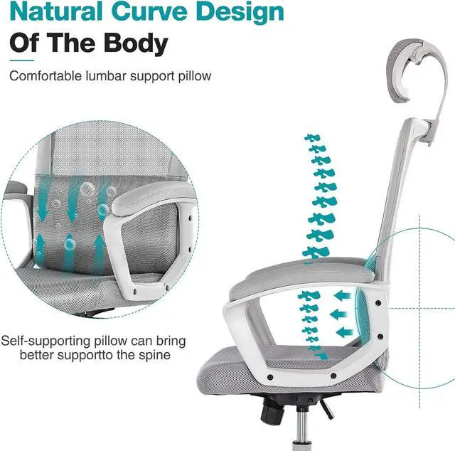 Alt view image 5 of 7 - OLIXIS Home Office Chair Ergonomic Computer Desk Chair Mesh High Back Adjustable Height Executive Task Chair, Headrest, Padded Armrest, 360° Swivel Rocking Function,Grey (JO6579GY)