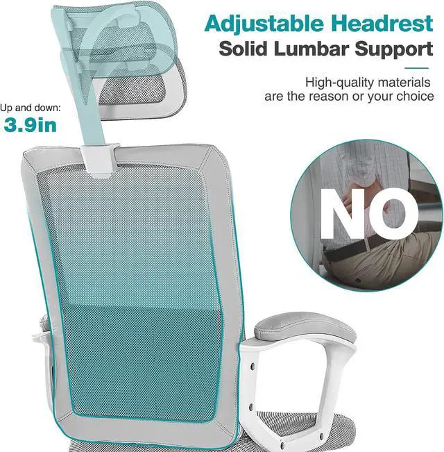 Alt view image 7 of 7 - OLIXIS Home Office Chair Ergonomic Computer Desk Chair Mesh High Back Adjustable Height Executive Task Chair, Headrest, Padded Armrest, 360° Swivel Rocking Function,Grey (JO6579GY)
