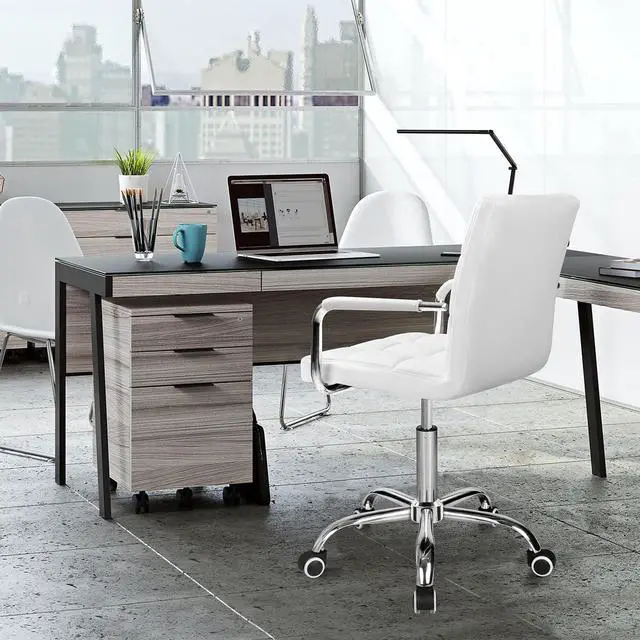 Alt view image 2 of 7 - Mid-Back Office Task Chair Ribbed PU Leather Executive Modern Adjustable Home Desk Retro Comfortable Work Chair 360 Degree Swivel with Arms (White)