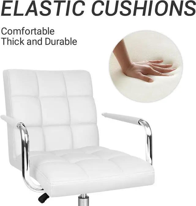 Alt view image 4 of 7 - Mid-Back Office Task Chair Ribbed PU Leather Executive Modern Adjustable Home Desk Retro Comfortable Work Chair 360 Degree Swivel with Arms (White)