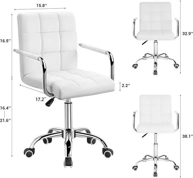 Alt view image 3 of 7 - Mid-Back Office Task Chair Ribbed PU Leather Executive Modern Adjustable Home Desk Retro Comfortable Work Chair 360 Degree Swivel with Arms (White)