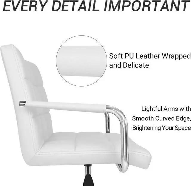 Alt view image 5 of 7 - Mid-Back Office Task Chair Ribbed PU Leather Executive Modern Adjustable Home Desk Retro Comfortable Work Chair 360 Degree Swivel with Arms (White)