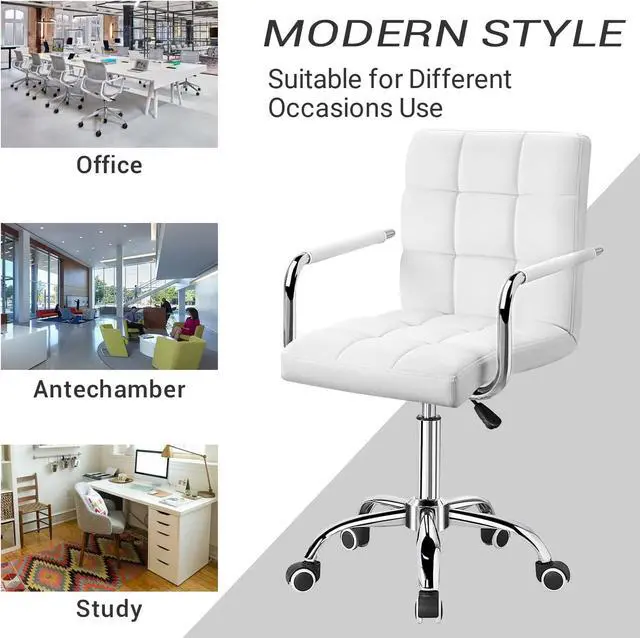 Alt view image 6 of 7 - Mid-Back Office Task Chair Ribbed PU Leather Executive Modern Adjustable Home Desk Retro Comfortable Work Chair 360 Degree Swivel with Arms (White)