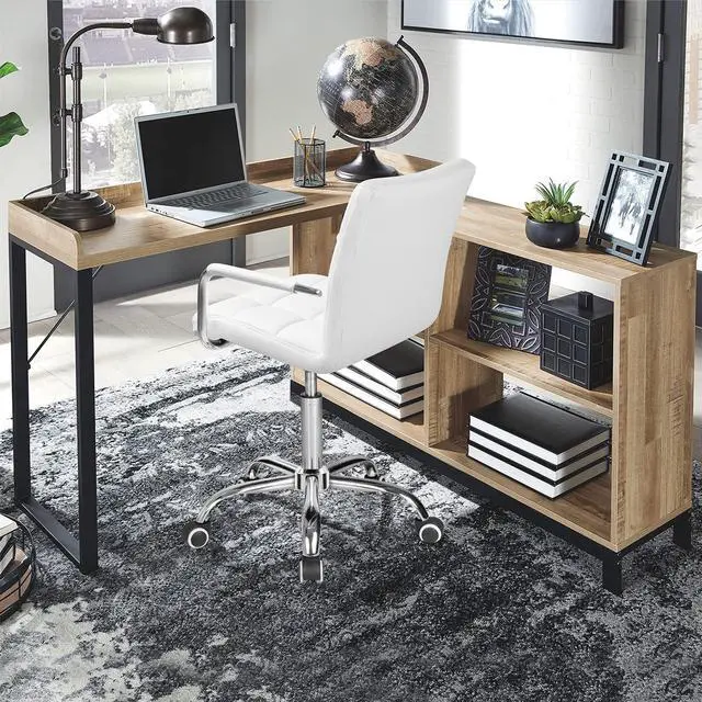 Alt view image 7 of 7 - Mid-Back Office Task Chair Ribbed PU Leather Executive Modern Adjustable Home Desk Retro Comfortable Work Chair 360 Degree Swivel with Arms (White)