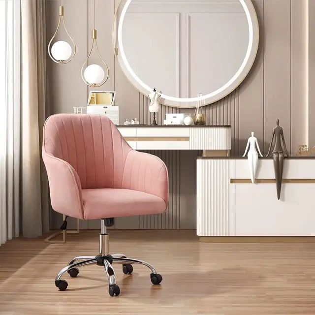 Alt view image 4 of 7 - Yaheetech Velvet Office Desk Chair Height Adjustable Task Chairs Modern Office Chair Makeup Chair 360° Swivel Computer Chair Mid Back Chair Living Room Chairs with Arms&Stainless Base Accent Pink