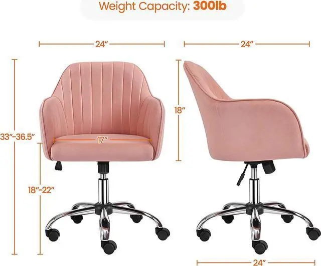 Alt view image 3 of 7 - Yaheetech Velvet Office Desk Chair Height Adjustable Task Chairs Modern Office Chair Makeup Chair 360° Swivel Computer Chair Mid Back Chair Living Room Chairs with Arms&Stainless Base Accent Pink