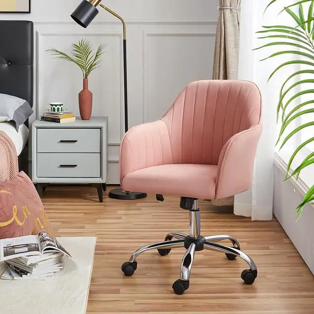 Alt view image 2 of 7 - Yaheetech Velvet Office Desk Chair Height Adjustable Task Chairs Modern Office Chair Makeup Chair 360° Swivel Computer Chair Mid Back Chair Living Room Chairs with Arms&Stainless Base Accent Pink