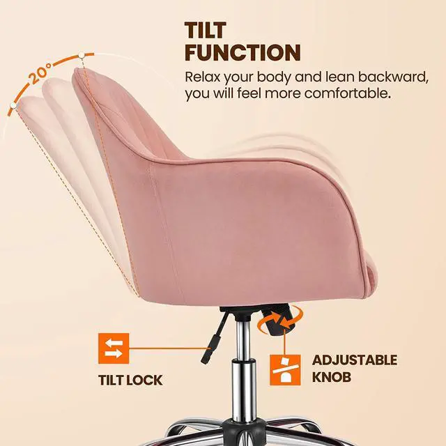 Alt view image 6 of 7 - Yaheetech Velvet Office Desk Chair Height Adjustable Task Chairs Modern Office Chair Makeup Chair 360° Swivel Computer Chair Mid Back Chair Living Room Chairs with Arms&Stainless Base Accent Pink
