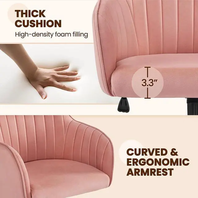 Alt view image 5 of 7 - Yaheetech Velvet Office Desk Chair Height Adjustable Task Chairs Modern Office Chair Makeup Chair 360° Swivel Computer Chair Mid Back Chair Living Room Chairs with Arms&Stainless Base Accent Pink