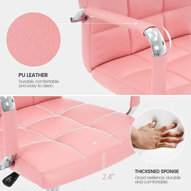 Alt view image 5 of 7 - High Back Desk Chair, Modern PU Leather Home Office Task Chair with Arms, Adjustable Swivel Computer Executive Chair with Wheels (Pink)