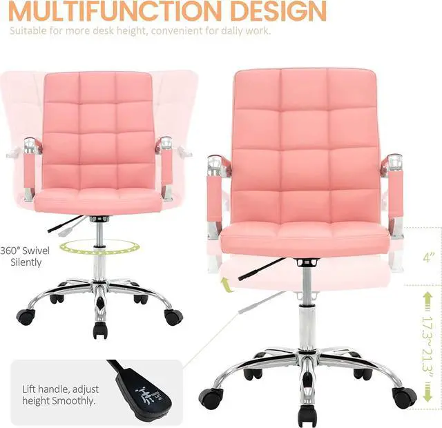 Alt view image 3 of 7 - High Back Desk Chair, Modern PU Leather Home Office Task Chair with Arms, Adjustable Swivel Computer Executive Chair with Wheels (Pink)