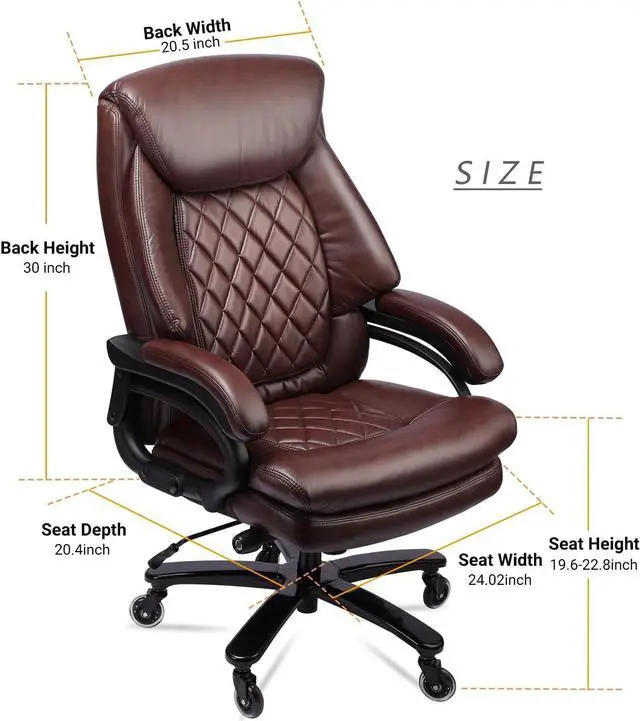 Alt view image 3 of 7 - 400lbs Big and Tall Office Chair Wide Spring Seat Executive Office Chair Back Support Home Office Desk Chair for Heavy People Computer PU Leather Chair with Heavy Duty Casters 360 Swivel Chair (Brown)