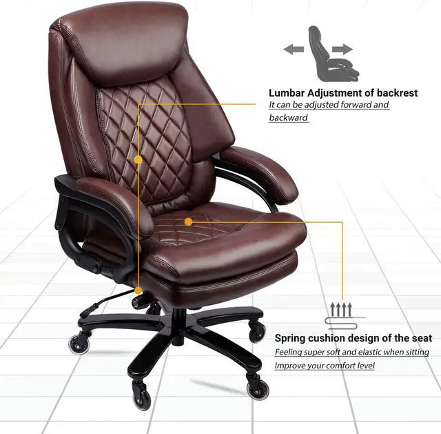 Alt view image 6 of 7 - 400lbs Big and Tall Office Chair Wide Spring Seat Executive Office Chair Back Support Home Office Desk Chair for Heavy People Computer PU Leather Chair with Heavy Duty Casters 360 Swivel Chair (Brown)