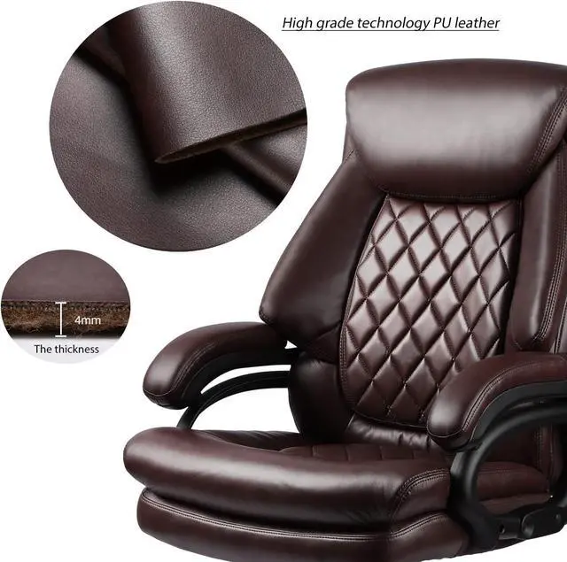 Alt view image 5 of 7 - 400lbs Big and Tall Office Chair Wide Spring Seat Executive Office Chair Back Support Home Office Desk Chair for Heavy People Computer PU Leather Chair with Heavy Duty Casters 360 Swivel Chair (Brown)