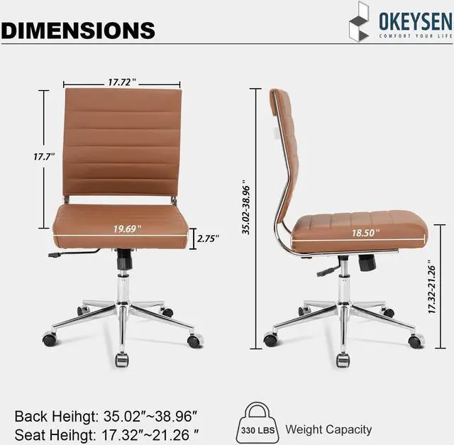 Alt view image 3 of 7 - Brown Armless Office Desk Chair, Mid Back Ergonomic Swivel Conference Room Chairs, Adjustable Height PU Leather Home Modern Small Rolling Computer Task Chair by DT