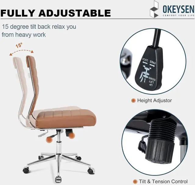 Alt view image 7 of 7 - Brown Armless Office Desk Chair, Mid Back Ergonomic Swivel Conference Room Chairs, Adjustable Height PU Leather Home Modern Small Rolling Computer Task Chair by DT
