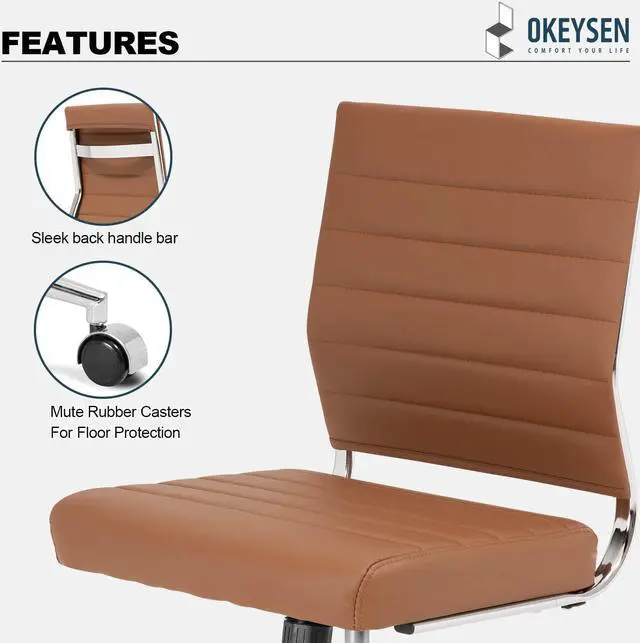Alt view image 6 of 7 - Brown Armless Office Desk Chair, Mid Back Ergonomic Swivel Conference Room Chairs, Adjustable Height PU Leather Home Modern Small Rolling Computer Task Chair by DT