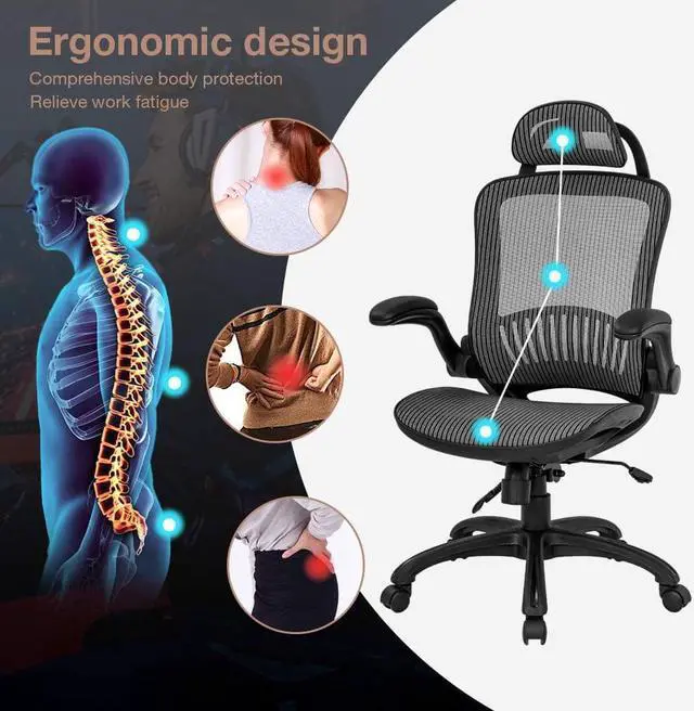 Alt view image 6 of 7 - Office Chair Ergonomic Desk Chair Mesh Computer Chair with Lumbar Support Headrest Flip UP Arms Rolling Swivel Adjustable Task Chair for Adults(Grey)