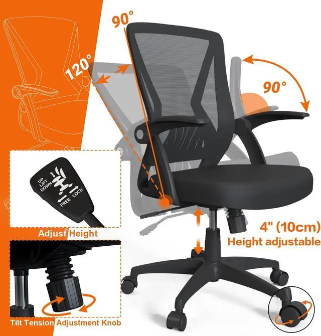 Alt view image 2 of 4 - Qoroos Mesh Office Chair Ergonomic Mid Back Swivel Black Mesh Desk Chair Flip Up Arms with Lumbar Support Computer Chair Adjustable Height Task Chairs