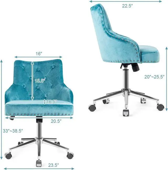 Alt view image 3 of 7 - Giantex Modern Home Office Chair, Tufted Velvet Swivel Armchair, Mid-back Velvet Office Chair with Soft Seat, Adjustable Task Chair Computer Desk Chair for Living Room Bedroom Study (Turquoise)