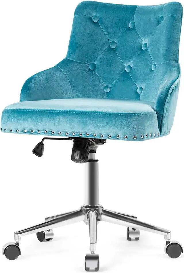 Alt view image 7 of 7 - Giantex Modern Home Office Chair, Tufted Velvet Swivel Armchair, Mid-back Velvet Office Chair with Soft Seat, Adjustable Task Chair Computer Desk Chair for Living Room Bedroom Study (Turquoise)
