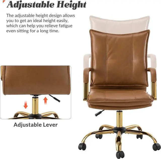 Alt view image 5 of 7 - HULALA HOME Faux Leather Home Office Desk Chair, Adjustable Swivel Computer Chair with Golden Legs and Arms, Comfy Upholstered Task Chair,Camel