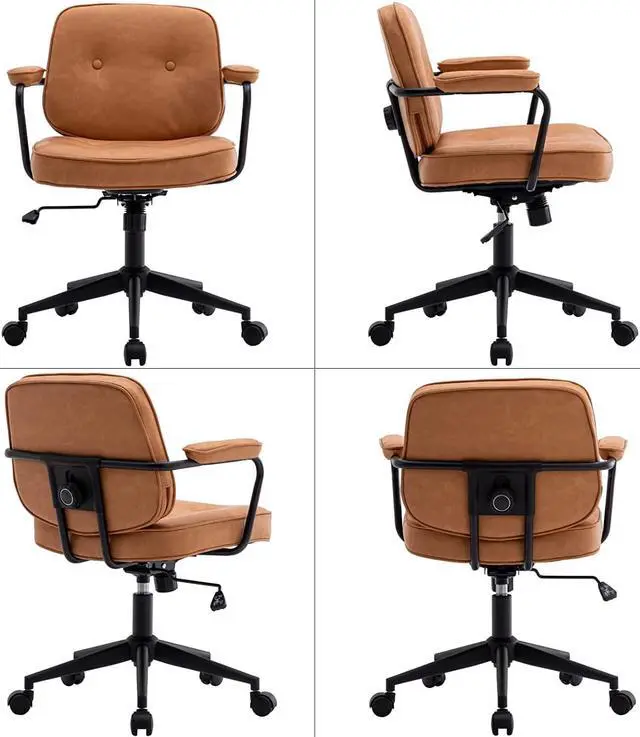 Alt view image 3 of 7 - LukeAlon Adjustable Pu Leather Office Chair, Comfy 360° Swivel Task Chair with Armrest Modern Thickened Seat Desk Chair Tiltable Computer Chair with Button Tufted for Home Office, Light Brown