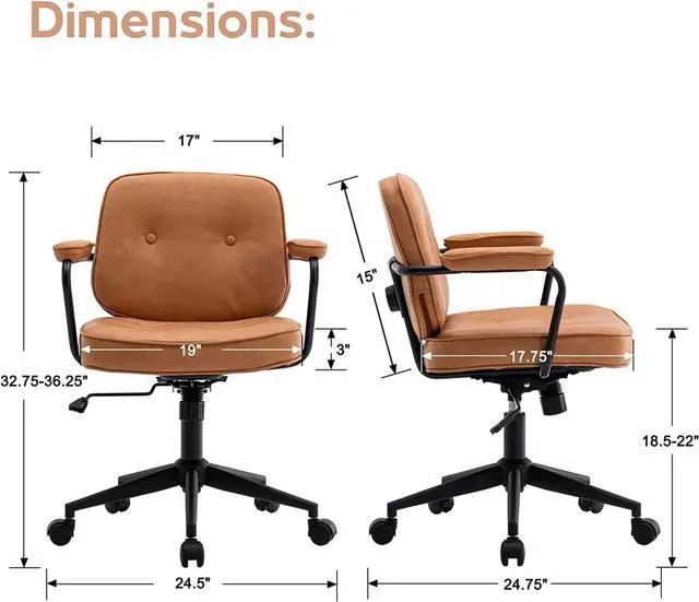 Alt view image 2 of 7 - LukeAlon Adjustable Pu Leather Office Chair, Comfy 360° Swivel Task Chair with Armrest Modern Thickened Seat Desk Chair Tiltable Computer Chair with Button Tufted for Home Office, Light Brown