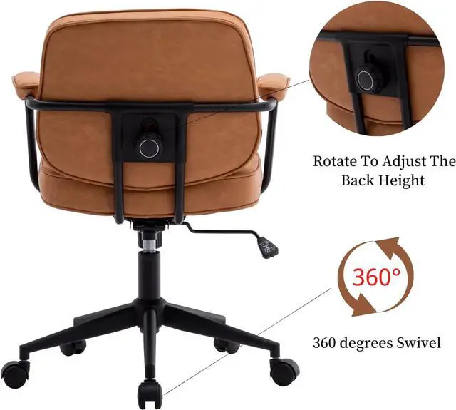 Alt view image 6 of 7 - LukeAlon Adjustable Pu Leather Office Chair, Comfy 360° Swivel Task Chair with Armrest Modern Thickened Seat Desk Chair Tiltable Computer Chair with Button Tufted for Home Office, Light Brown